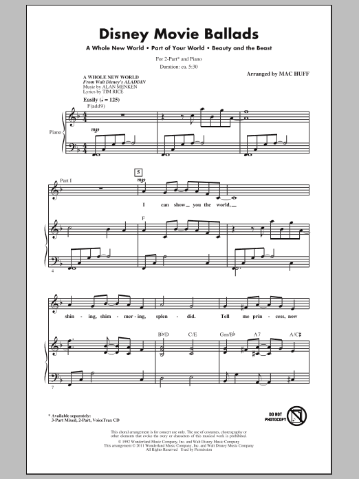 Preview Alan Menken Disney Movie Ballads (Medley) (arr. Mac Huff) Film and TV sheet music, notes and chords for 2-Part Choir, SKU: 82223 Download Alan Menken Disney Movie Ballads (Medley) (arr. Mac Huff) sheet music and printable PDF score & Film and TV music notes