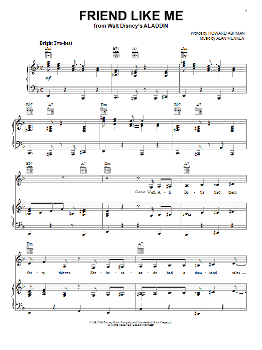 Preview Alan Menken Friend Like Me (from Aladdin) Children sheet music, notes and chords for Piano, Vocal & Guitar (Right-Hand Melody), SKU: 21400 sheet music, piano notes, chords, guitar tabs, score, transpose, transcribe, how to play, guide, download, learn, tutorial, progression, song, artist, awards, billboard, mtv, vh1, tour, single, album, release