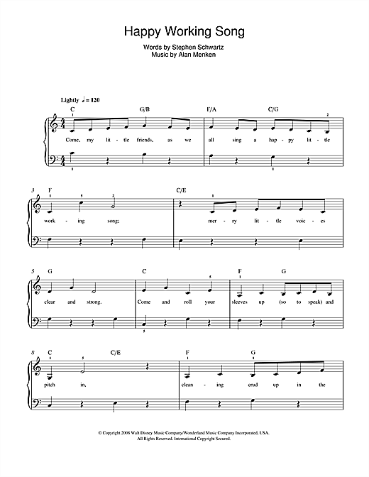 Preview Alan Menken Happy Working Song (from Enchanted) Film and TV sheet music, notes and chords for Beginner Piano, SKU: 48497 Download Alan Menken Happy Working Song (from Enchanted) sheet music and printable PDF score & Film and TV music notes