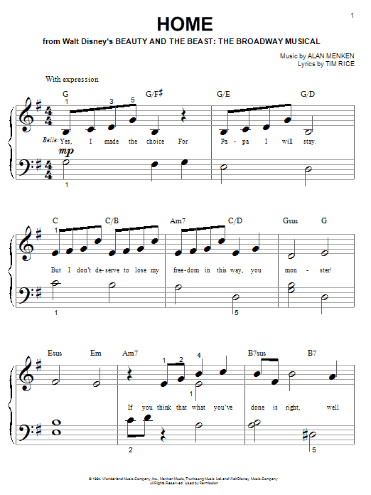 Preview Alan Menken Home (from Beauty and the Beast: The Broadway Musical) Broadway sheet music, notes and chords for Piano (Big Notes), SKU: 21467 sheet music, piano notes, chords, guitar tabs, score, transpose, transcribe, how to play, guide, download, learn, tutorial, progression, song, artist, awards, billboard, mtv, vh1, tour, single, album, release
