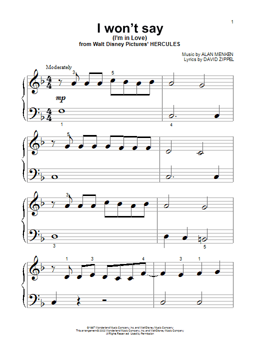 Download Alan Menken I Won't Say (I'm In Love) sheet music and printable PDF score & Children music notes