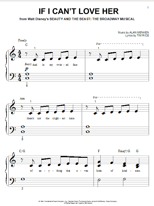 Preview Alan Menken If I Can't Love Her Broadway sheet music, notes and chords for Piano (Big Notes), SKU: 21468 Download Alan Menken If I Can't Love Her sheet music and printable PDF score & Broadway music notes
