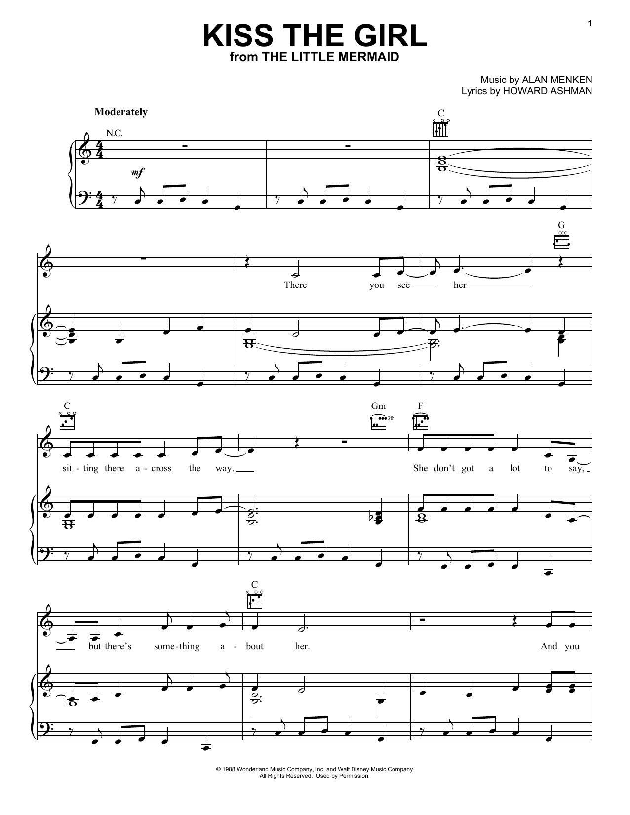 Preview Alan Menken Kiss The Girl (from The Little Mermaid) Children sheet music, notes and chords for Piano, Vocal & Guitar (Right-Hand Melody), SKU: 51507 sheet music, piano notes, chords, guitar tabs, score, transpose, transcribe, how to play, guide, download, learn, tutorial, progression, song, artist, awards, billboard, mtv, vh1, tour, single, album, release