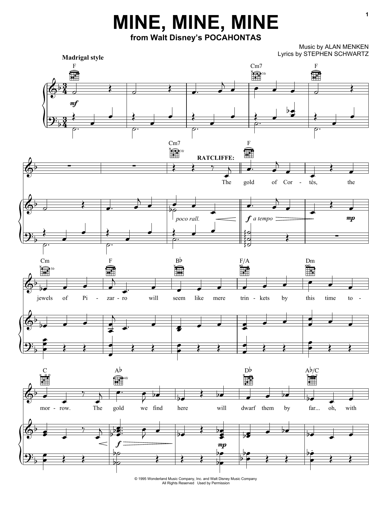Preview Alan Menken Mine, Mine, Mine Children sheet music, notes and chords for Piano, Vocal & Guitar (Right-Hand Melody), SKU: 18189 sheet music, piano notes, chords, guitar tabs, score, transpose, transcribe, how to play, guide, download, learn, tutorial, progression, song, artist, awards, billboard, mtv, vh1, tour, single, album, release