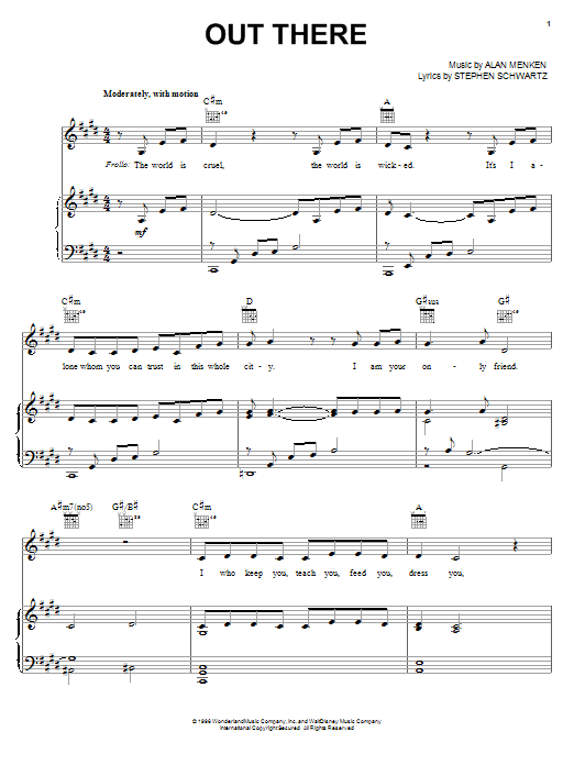 Preview Alan Menken Out There Children sheet music, notes and chords for Piano, Vocal & Guitar (Right-Hand Melody), SKU: 18194 sheet music, piano notes, chords, guitar tabs, score, transpose, transcribe, how to play, guide, download, learn, tutorial, progression, song, artist, awards, billboard, mtv, vh1, tour, single, album, release