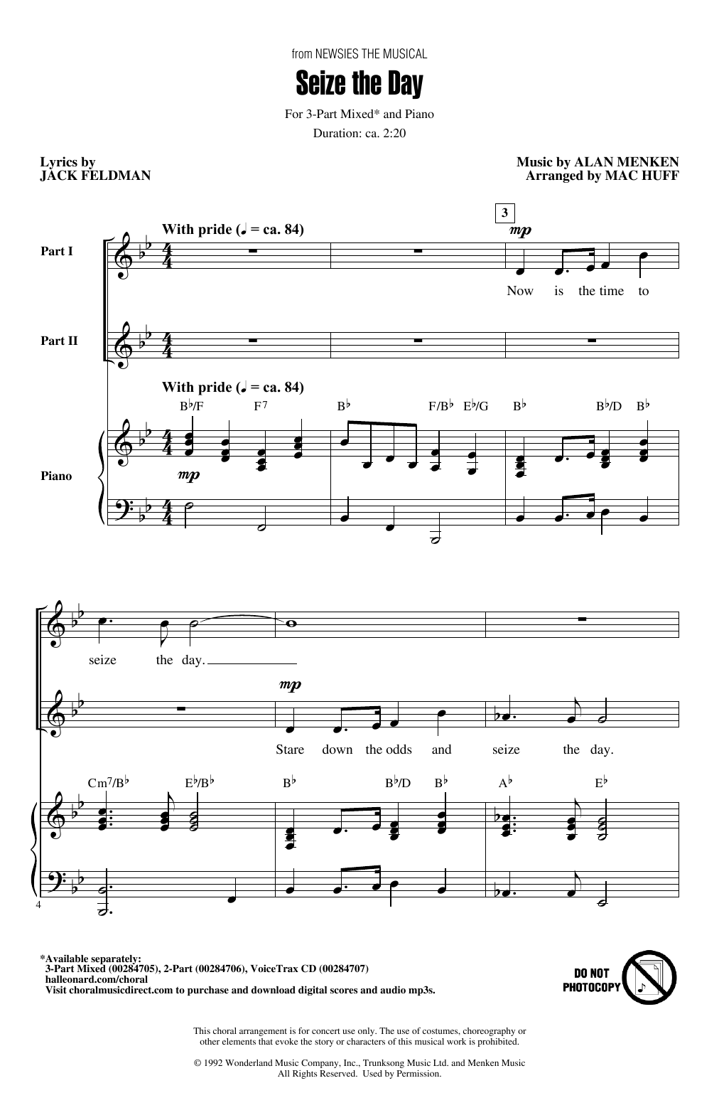 Preview Alan Menken Seize The Day (from Newsies The Musical) (arr. Mac Huff) Disney sheet music, notes and chords for 3-Part Mixed Choir, SKU: 405159 sheet music, piano notes, chords, guitar tabs, score, transpose, transcribe, how to play, guide, download, learn, tutorial, progression, song, artist, awards, billboard, mtv, vh1, tour, single, album, release