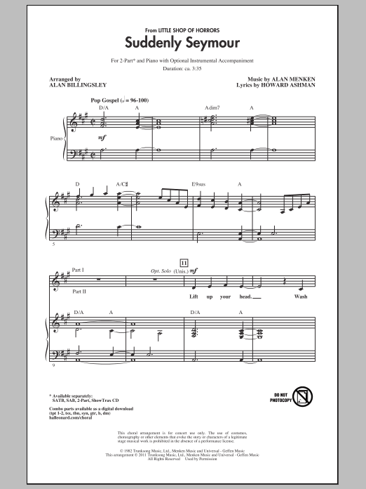Preview Alan Menken Suddenly Seymour (from Little Shop of Horrors) (arr. Alan Billingsley) Broadway sheet music, notes and chords for SAB, SKU: 82425 sheet music, piano notes, chords, guitar tabs, score, transpose, transcribe, how to play, guide, download, learn, tutorial, progression, song, artist, awards, billboard, mtv, vh1, tour, single, album, release