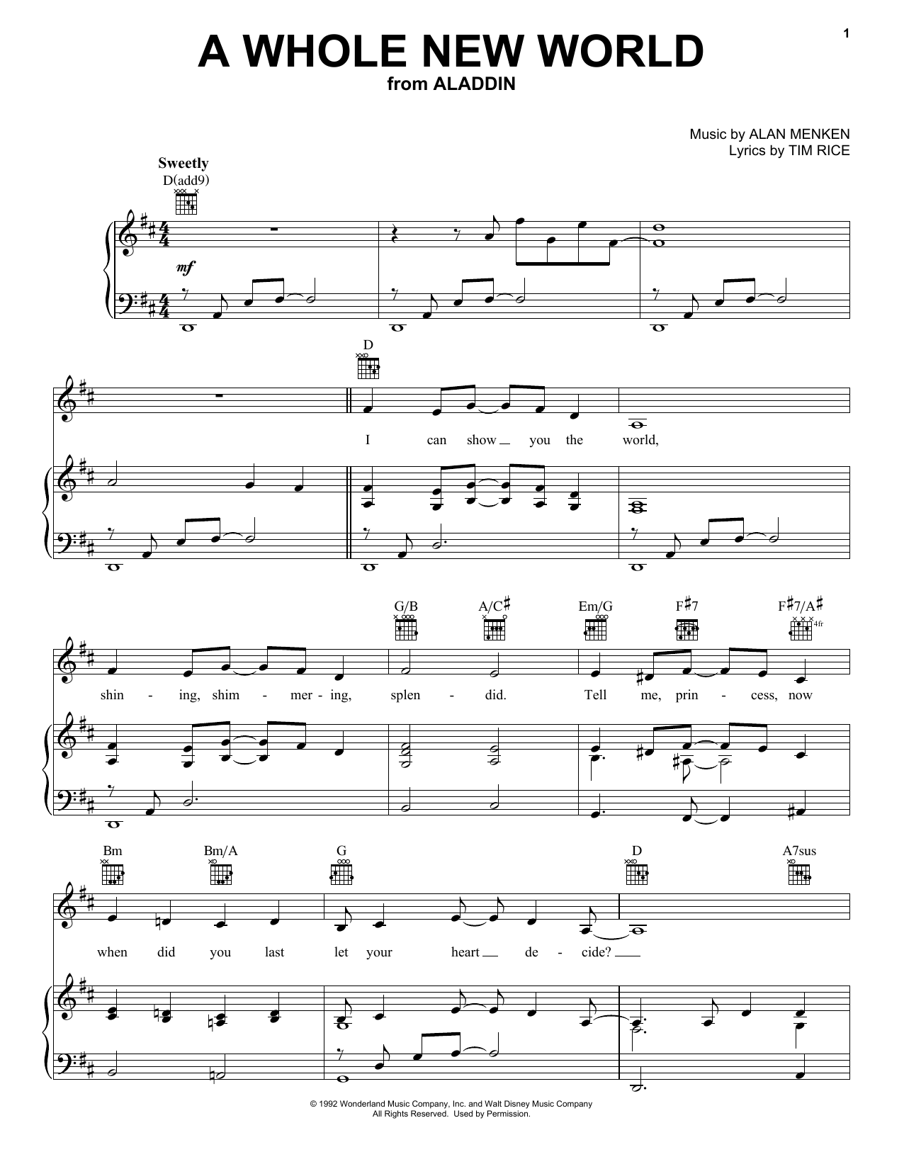Download Alan Menken A Whole New World (from Aladdin) sheet music and printable PDF score & Film and TV music notes