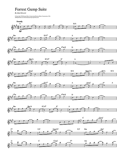 Preview Alan Silvestri Forrest Gump Suite Film and TV sheet music, notes and chords for Piano, SKU: 51612 Download Alan Silvestri Forrest Gump Suite sheet music and printable PDF score & Film and TV music notes