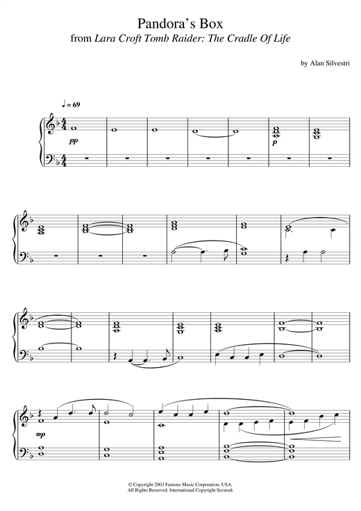 Preview Alan Silvestri Lara Croft Tomb Raider: The Cradle Of Life (Pandora's Box) Film and TV sheet music, notes and chords for Piano, SKU: 120791 sheet music, piano notes, chords, guitar tabs, score, transpose, transcribe, how to play, guide, download, learn, tutorial, progression, song, artist, awards, billboard, mtv, vh1, tour, single, album, release