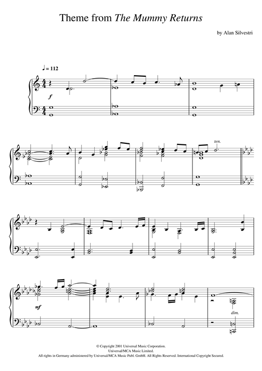 Preview Alan Silvestri The Mummy Returns (The Mummy Returns) Film and TV sheet music, notes and chords for Piano, SKU: 120807 sheet music, piano notes, chords, guitar tabs, score, transpose, transcribe, how to play, guide, download, learn, tutorial, progression, song, artist, awards, billboard, mtv, vh1, tour, single, album, release