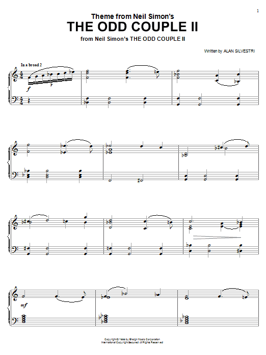 Preview Alan Silvestri Theme from Neil Simon's The Odd Couple II Film and TV sheet music, notes and chords for Piano, SKU: 18364 sheet music, piano notes, chords, guitar tabs, score, transpose, transcribe, how to play, guide, download, learn, tutorial, progression, song, artist, awards, billboard, mtv, vh1, tour, single, album, release