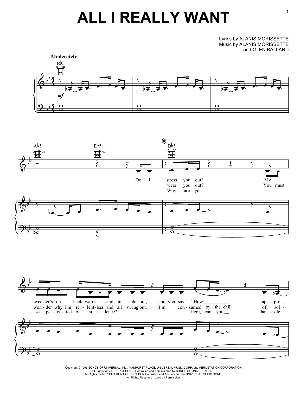 Download Alanis Morissette All I Really Want sheet music and printable PDF score & Pop music notes