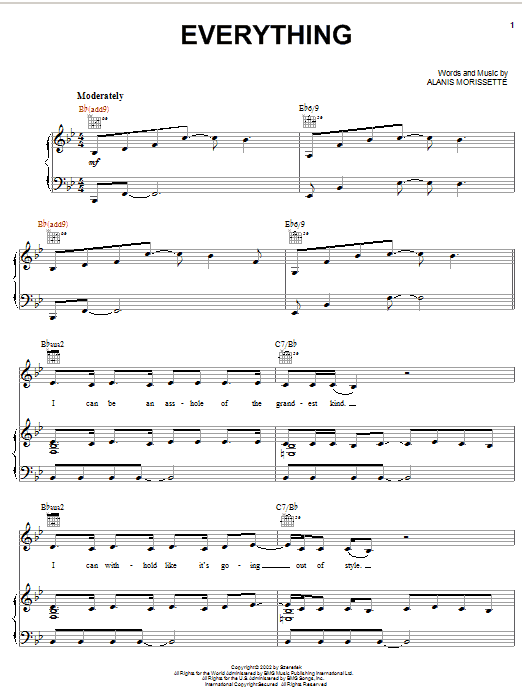 Preview Alanis Morissette Everything Rock sheet music, notes and chords for Piano, Vocal & Guitar (Right-Hand Melody), SKU: 28095 Download Alanis Morissette Everything sheet music and printable PDF score & Rock music notes