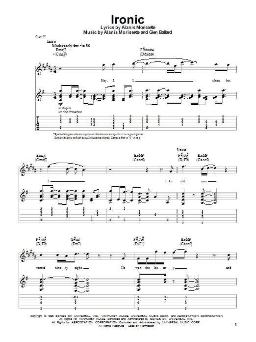 Download Alanis Morissette Ironic sheet music and printable PDF score & Rock music notes
