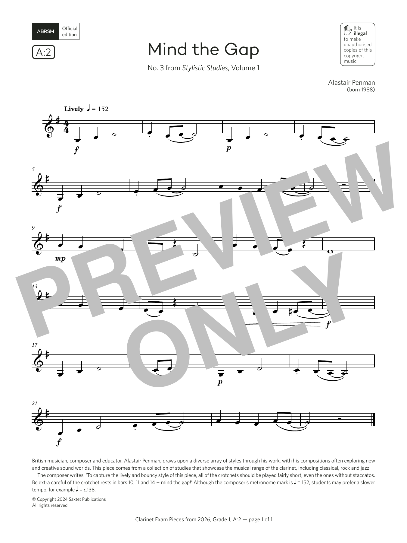 Alastair Penman Mind the Gap (Grade 1, list A2, from the ABRSM Clarinet Syllabus from 2026) Sheet Music & Chords for Clarinet Solo - Download or Print PDF