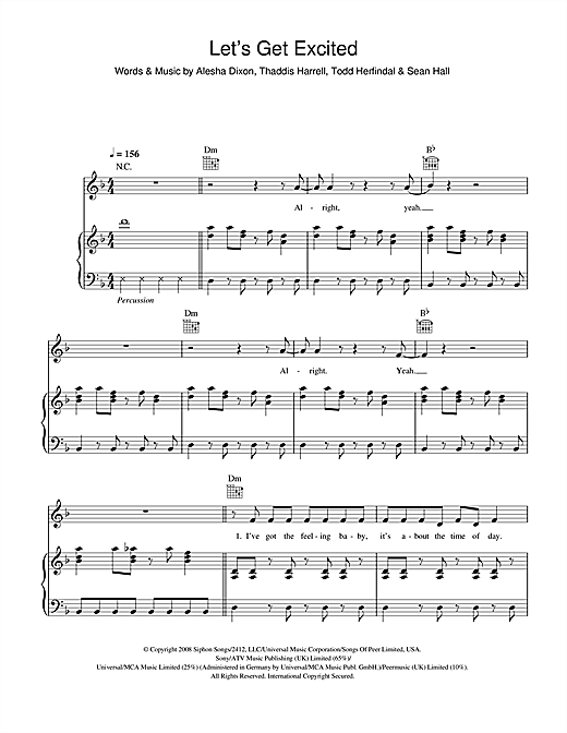 Preview Alesha Dixon Let's Get Excited R & B sheet music, notes and chords for Piano, Vocal & Guitar, SKU: 47695 sheet music, piano notes, chords, guitar tabs, score, transpose, transcribe, how to play, guide, download, learn, tutorial, progression, song, artist, awards, billboard, mtv, vh1, tour, single, album, release