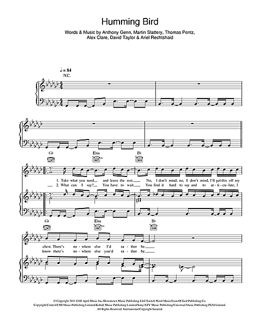 Preview Alex Clare Humming Bird Pop sheet music, notes and chords for Piano, Vocal & Guitar (Right-Hand Melody), SKU: 114584 sheet music, piano notes, chords, guitar tabs, score, transpose, transcribe, how to play, guide, download, learn, tutorial, progression, song, artist, awards, billboard, mtv, vh1, tour, single, album, release
