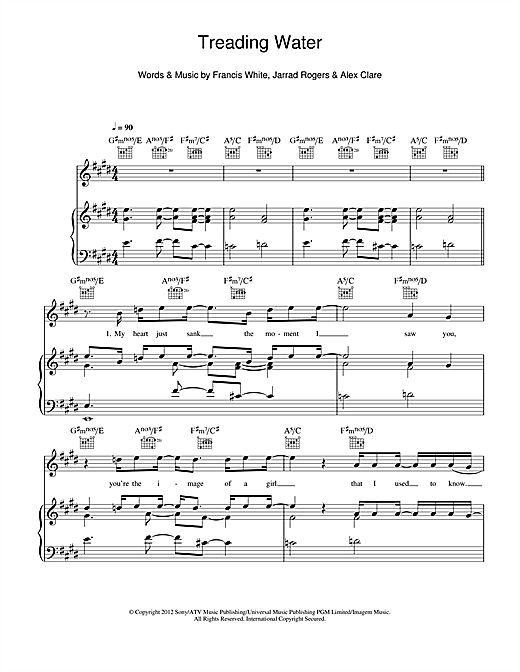 Preview Alex Clare Treading Water Pop sheet music, notes and chords for Piano, Vocal & Guitar (Right-Hand Melody), SKU: 114848 sheet music, piano notes, chords, guitar tabs, score, transpose, transcribe, how to play, guide, download, learn, tutorial, progression, song, artist, awards, billboard, mtv, vh1, tour, single, album, release