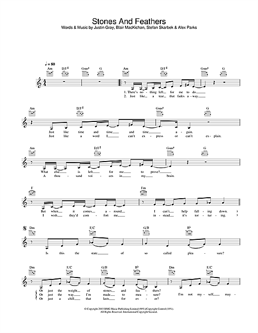Preview Alex Parks Stones And Feathers Pop sheet music, notes and chords for Melody Line, Lyrics & Chords, SKU: 31616 Download Alex Parks Stones And Feathers sheet music and printable PDF score & Pop music notes