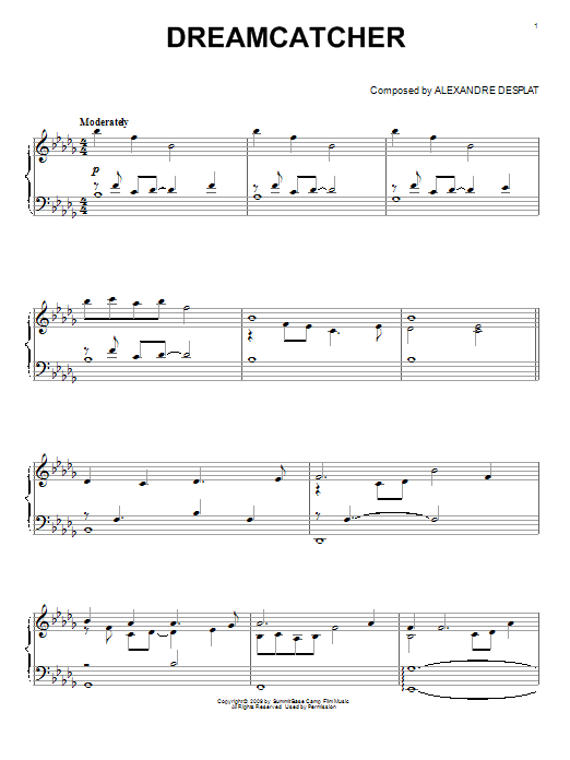 Preview Alexandre Desplat Dreamcatcher Film and TV sheet music, notes and chords for Piano, SKU: 91771 Download Alexandre Desplat Dreamcatcher sheet music and printable PDF score & Film and TV music notes