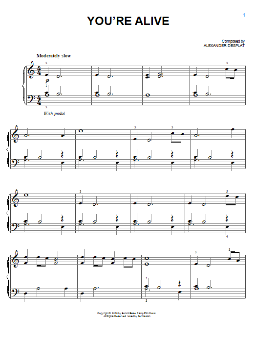 Preview Alexandre Desplat You're Alive Film and TV sheet music, notes and chords for Piano, SKU: 91791 Download Alexandre Desplat You're Alive sheet music and printable PDF score & Film and TV music notes