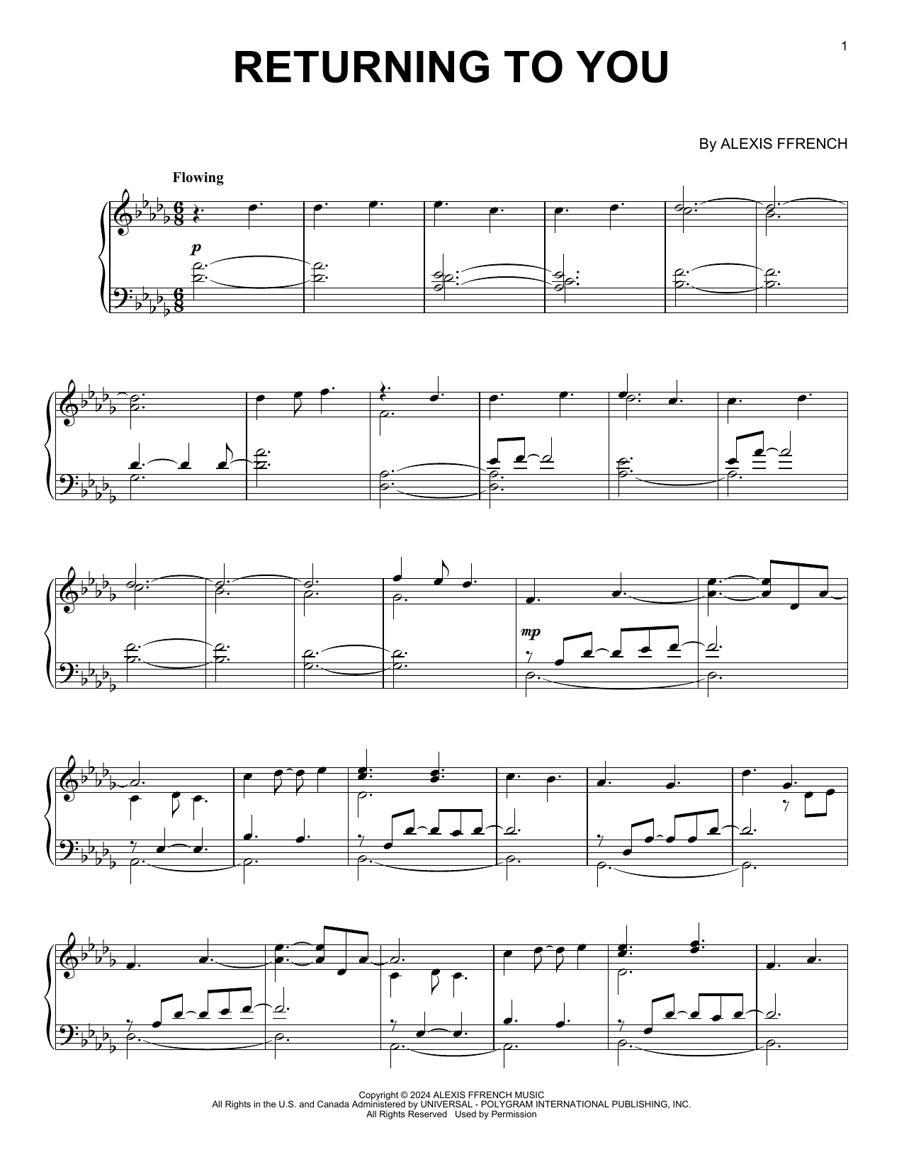 Alexis Ffrench Returning To You Sheet Music & Chords for Piano Solo - Download or Print PDF