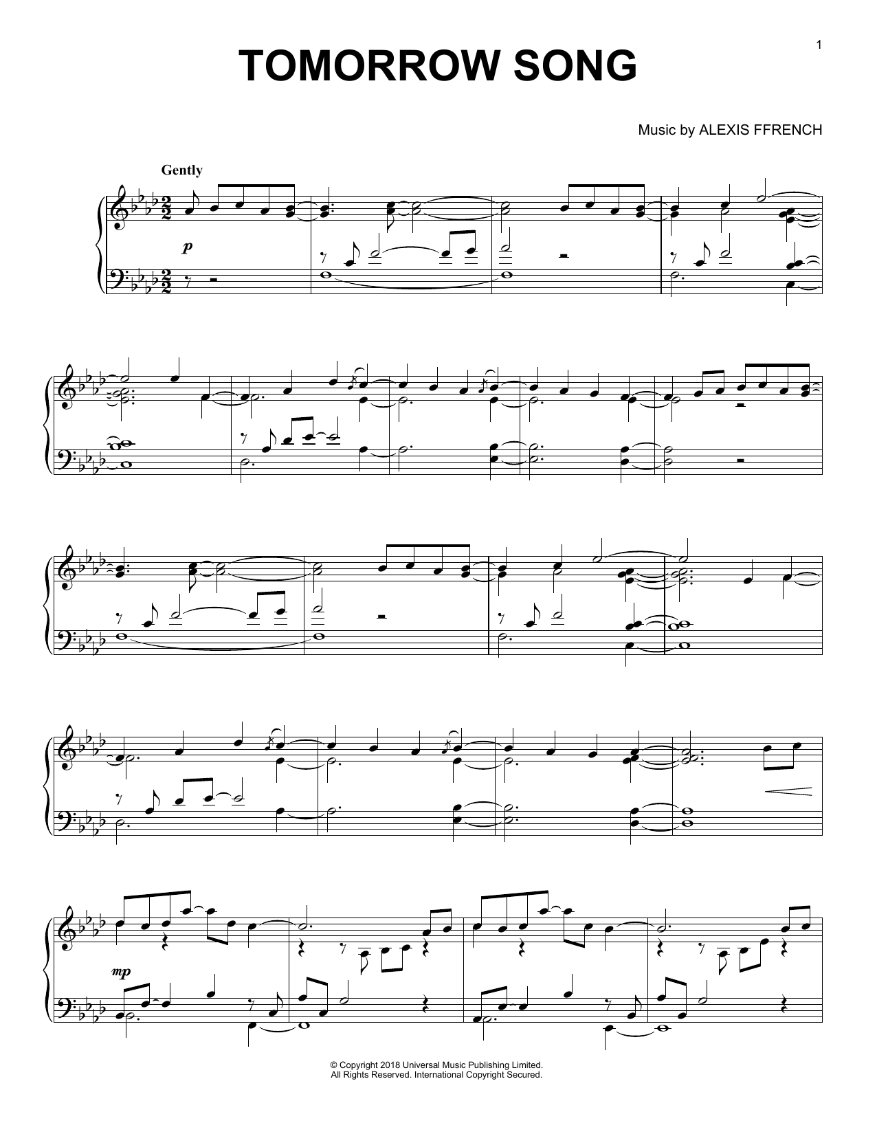 Alexis Ffrench Tomorrow Song Sheet Music Download Printable Contemporary Pdf Piano Solo Score Sku 409958