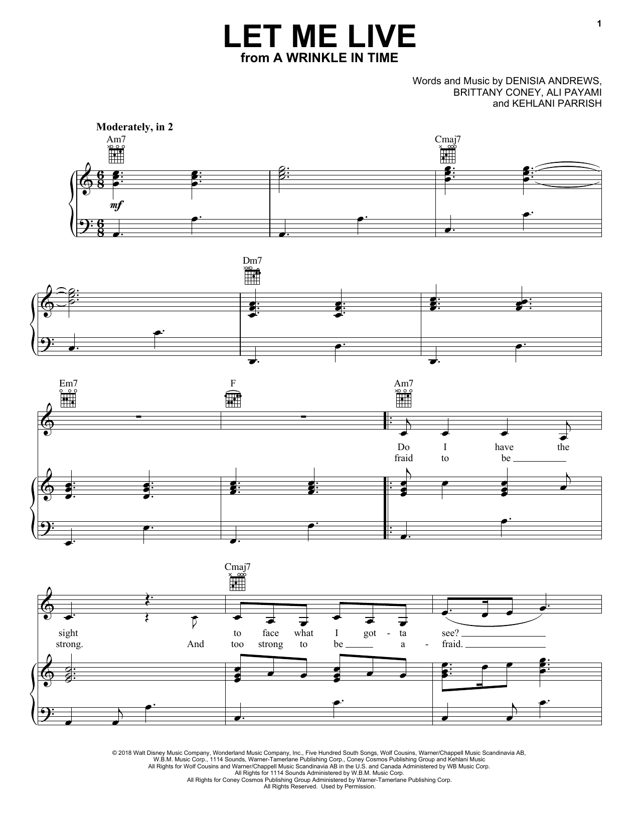 Preview Ali Payami Let Me Live (from A Wrinkle In Time) Film and TV sheet music, notes and chords for Piano, Vocal & Guitar (Right-Hand Melody), SKU: 253419 sheet music, piano notes, chords, guitar tabs, score, transpose, transcribe, how to play, guide, download, learn, tutorial, progression, song, artist, awards, billboard, mtv, vh1, tour, single, album, release