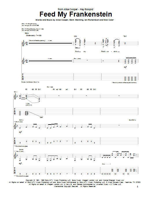 Preview Alice Cooper Feed My Frankenstein Pop sheet music, notes and chords for Piano, Vocal & Guitar (Right-Hand Melody), SKU: 160836 sheet music, piano notes, chords, guitar tabs, score, transpose, transcribe, how to play, guide, download, learn, tutorial, progression, song, artist, awards, billboard, mtv, vh1, tour, single, album, release
