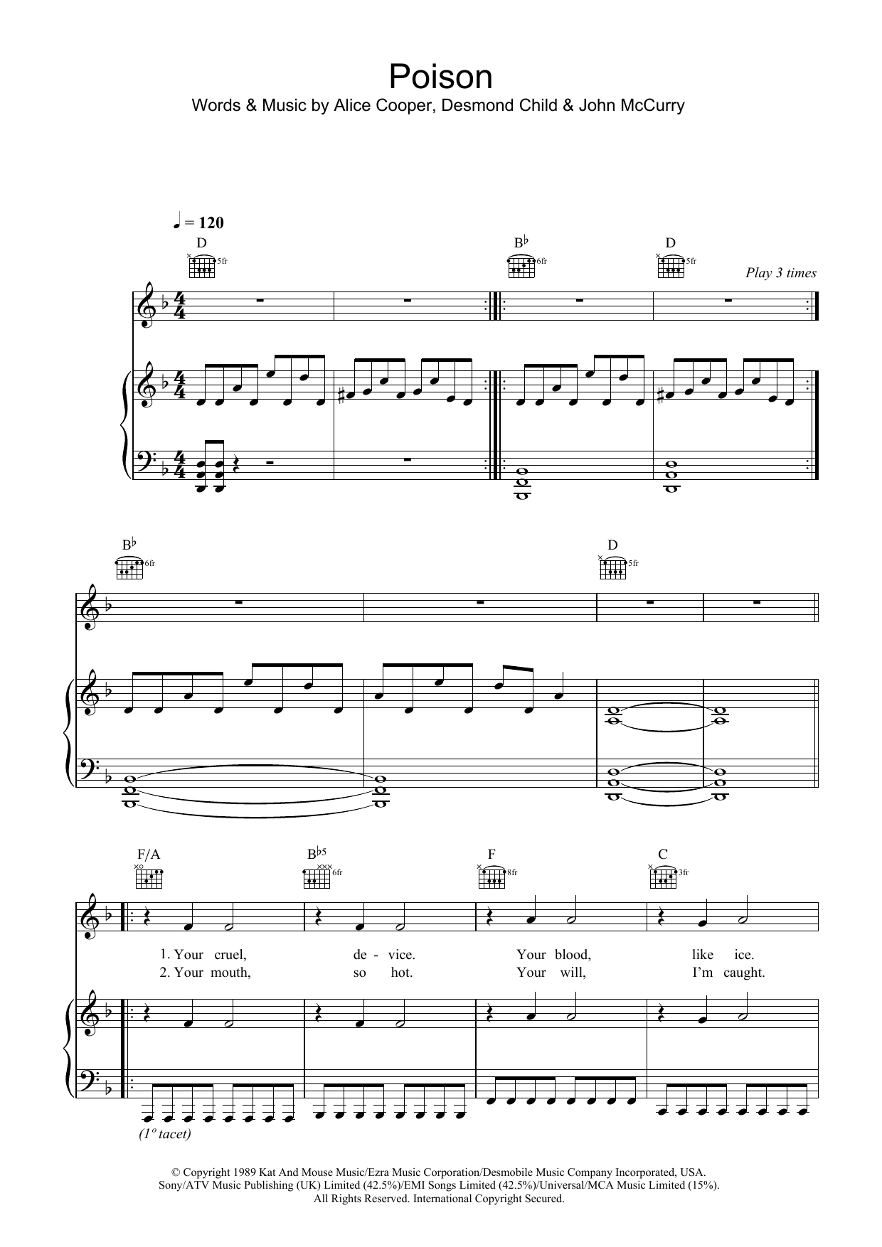 Download Alice Cooper Poison sheet music and printable PDF score & Rock music notes