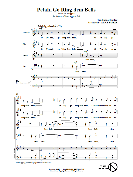 Download Traditional Spiritual Petah, Go Ring Dem Bells (arr. Alice Parker) sheet music and printable PDF score & Concert music notes