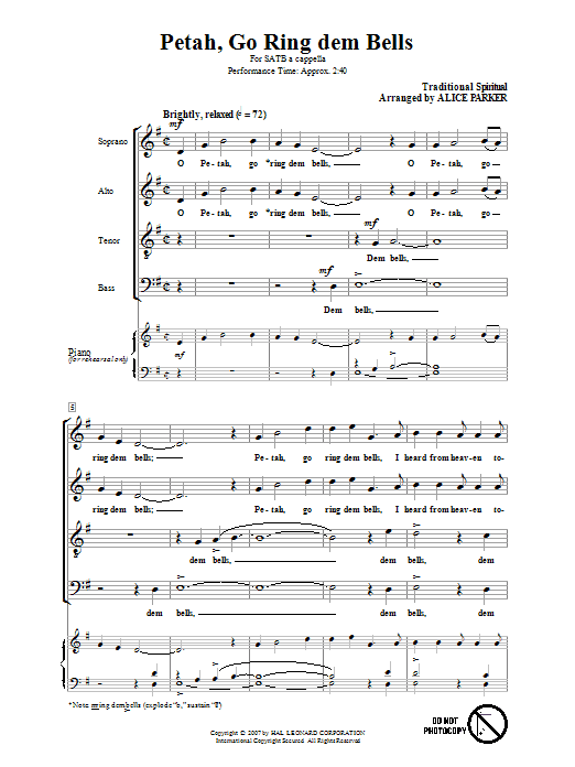 Preview Traditional Spiritual Petah, Go Ring Dem Bells (arr. Alice Parker) Concert sheet music, notes and chords for SATB, SKU: 58449 sheet music, piano notes, chords, guitar tabs, score, transpose, transcribe, how to play, guide, download, learn, tutorial, progression, song, artist, awards, billboard, mtv, vh1, tour, single, album, release