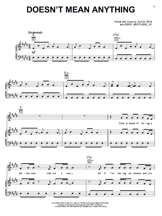 Preview Alicia Keys Doesn't Mean Anything Pop sheet music, notes and chords for Piano, Vocal & Guitar (Right-Hand Melody), SKU: 72542 sheet music, piano notes, chords, guitar tabs, score, transpose, transcribe, how to play, guide, download, learn, tutorial, progression, song, artist, awards, billboard, mtv, vh1, tour, single, album, release