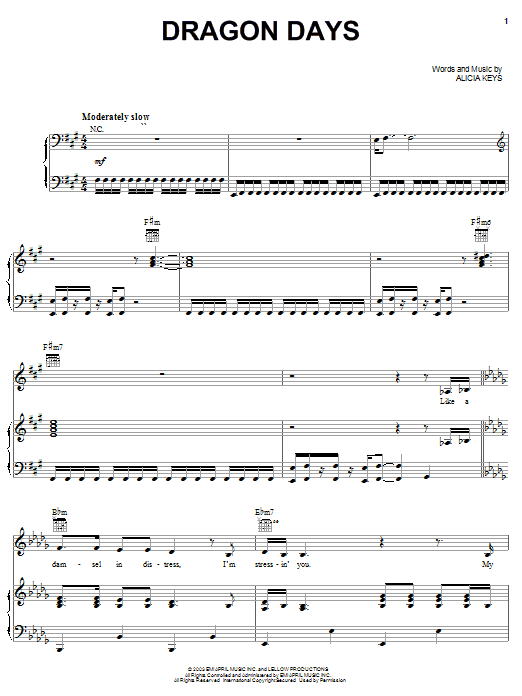 Download Alicia Keys Dragon Days sheet music and printable PDF score & Pop music notes