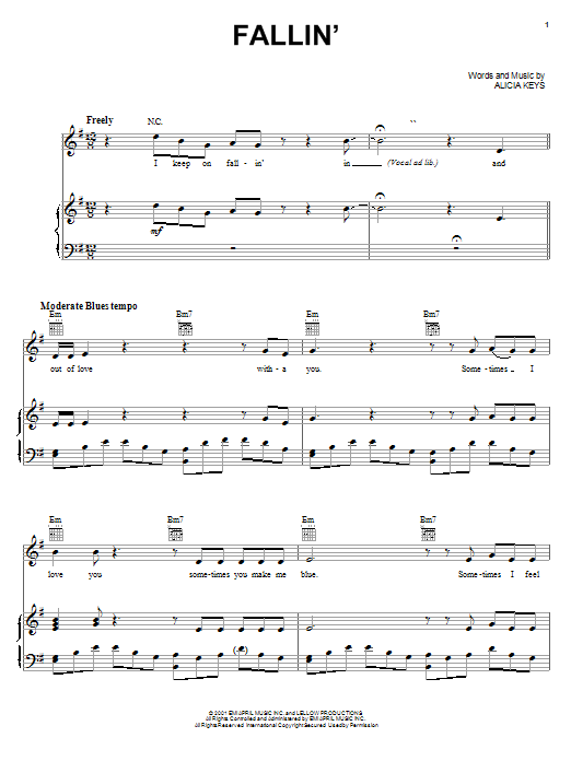 Download Alicia Keys Fallin' sheet music and printable PDF score & Pop music notes