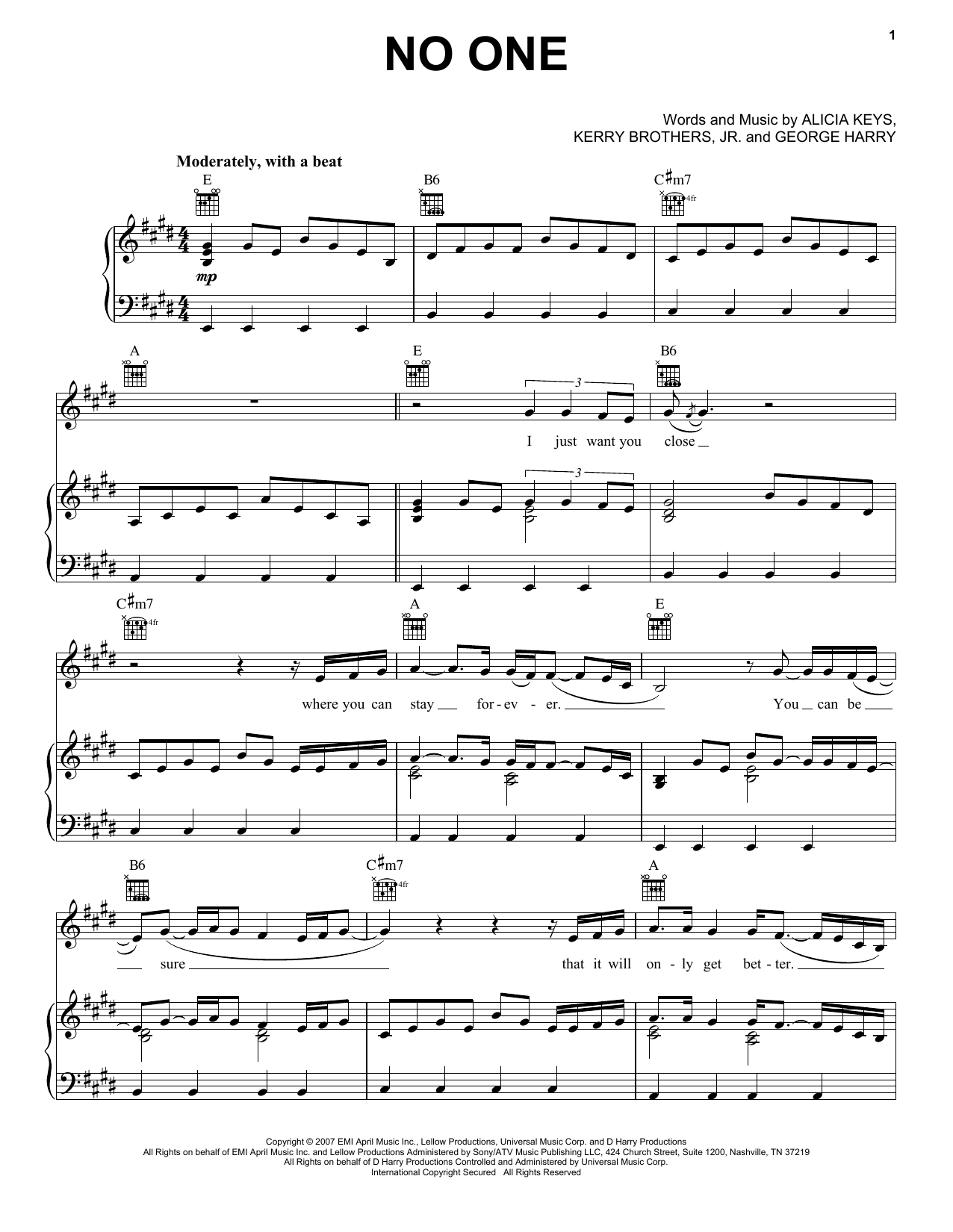 Preview Alicia Keys No One Pop sheet music, notes and chords for Piano, Vocal & Guitar (Right-Hand Melody), SKU: 62400 sheet music, piano notes, chords, guitar tabs, score, transpose, transcribe, how to play, guide, download, learn, tutorial, progression, song, artist, awards, billboard, mtv, vh1, tour, single, album, release