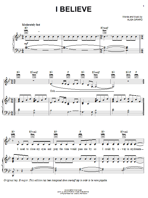 Preview Alisa Girard I Believe Religious sheet music, notes and chords for Piano, Vocal & Guitar (Right-Hand Melody), SKU: 19383 sheet music, piano notes, chords, guitar tabs, score, transpose, transcribe, how to play, guide, download, learn, tutorial, progression, song, artist, awards, billboard, mtv, vh1, tour, single, album, release