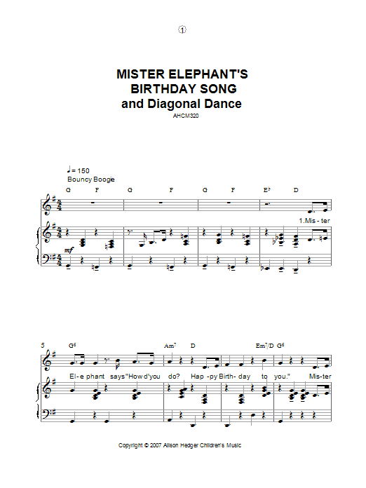 Download Alison Hedger Mister Elephant's Birthday Song And Diagonal Dance sheet music and printable PDF score & Children music notes