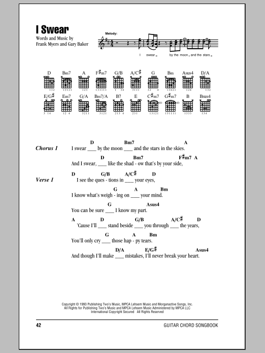 Preview All-4-One I Swear Pop sheet music, notes and chords for Piano, Vocal & Guitar, SKU: 14524 sheet music, piano notes, chords, guitar tabs, score, transpose, transcribe, how to play, guide, download, learn, tutorial, progression, song, artist, awards, billboard, mtv, vh1, tour, single, album, release
