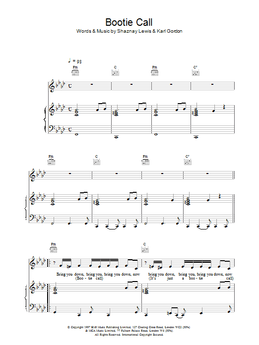 Preview All Saints Bootie Call R & B sheet music, notes and chords for Piano, Vocal & Guitar, SKU: 13908 Download All Saints Bootie Call sheet music and printable PDF score & R & B music notes