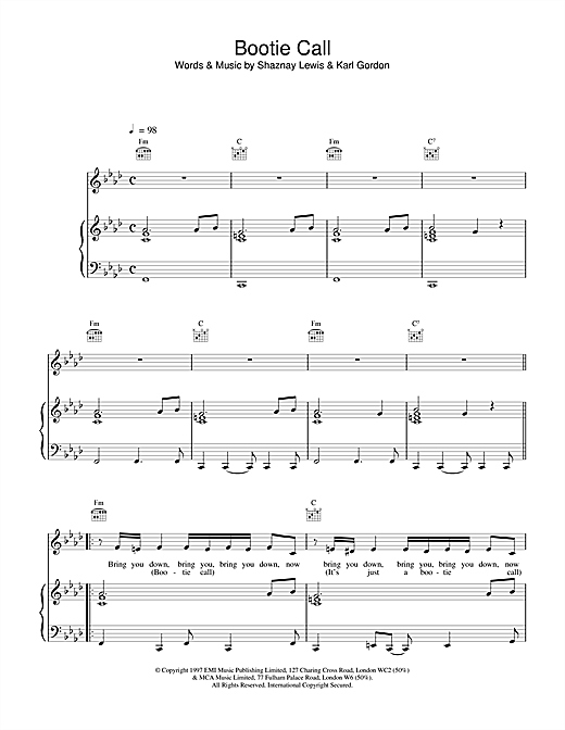 Preview All Saints Bootie Call R & B sheet music, notes and chords for Piano, Vocal & Guitar, SKU: 13908 sheet music, piano notes, chords, guitar tabs, score, transpose, transcribe, how to play, guide, download, learn, tutorial, progression, song, artist, awards, billboard, mtv, vh1, tour, single, album, release