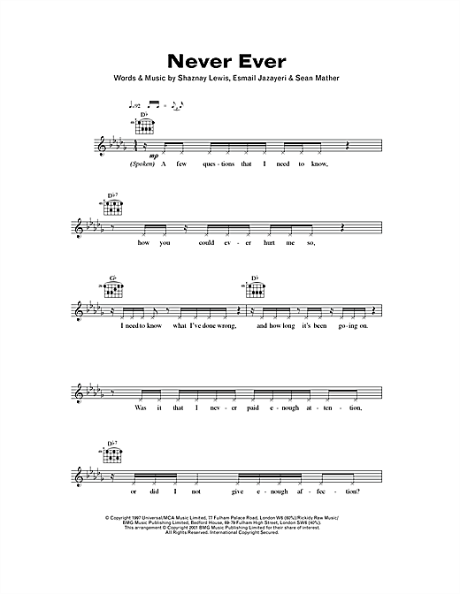 Preview All Saints Never Ever R & B sheet music, notes and chords for Piano, Vocal & Guitar, SKU: 13826 Download All Saints Never Ever sheet music and printable PDF score & R & B music notes