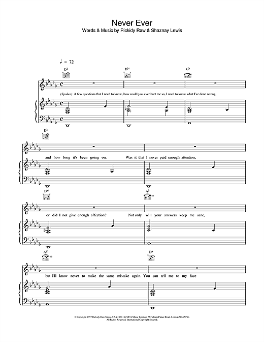 Preview All Saints Never Ever R & B sheet music, notes and chords for Piano, Vocal & Guitar, SKU: 13826 sheet music, piano notes, chords, guitar tabs, score, transpose, transcribe, how to play, guide, download, learn, tutorial, progression, song, artist, awards, billboard, mtv, vh1, tour, single, album, release