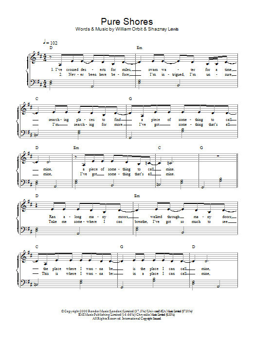 Download All Saints Pure Shores sheet music and printable PDF score & Pop music notes
