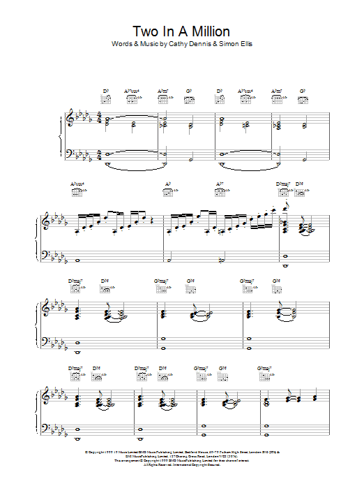 Preview All Saints Two In A Million R & B sheet music, notes and chords for Piano, Vocal & Guitar (Right-Hand Melody), SKU: 13874 Download All Saints Two In A Million sheet music and printable PDF score & R & B music notes