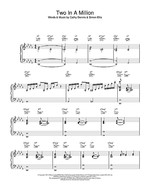 Preview All Saints Two In A Million R & B sheet music, notes and chords for Piano, Vocal & Guitar (Right-Hand Melody), SKU: 13874 sheet music, piano notes, chords, guitar tabs, score, transpose, transcribe, how to play, guide, download, learn, tutorial, progression, song, artist, awards, billboard, mtv, vh1, tour, single, album, release
