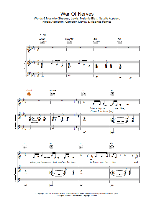 Preview All Saints War Of Nerves R & B sheet music, notes and chords for Piano, Vocal & Guitar (Right-Hand Melody), SKU: 13876 Download All Saints War Of Nerves sheet music and printable PDF score & R & B music notes