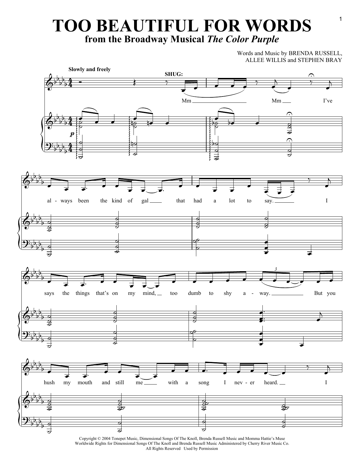 Preview Allee Willis Too Beautiful For Words Musicals sheet music, notes and chords for Piano & Vocal, SKU: 63249 Download Allee Willis Too Beautiful For Words sheet music and printable PDF score & Musicals music notes