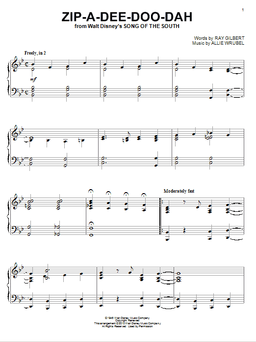 Preview Allie Wrubel Zip-A-Dee-Doo-Dah Disney sheet music, notes and chords for Beginner Piano, SKU: 48524 Download Allie Wrubel Zip-A-Dee-Doo-Dah sheet music and printable PDF score & Disney music notes